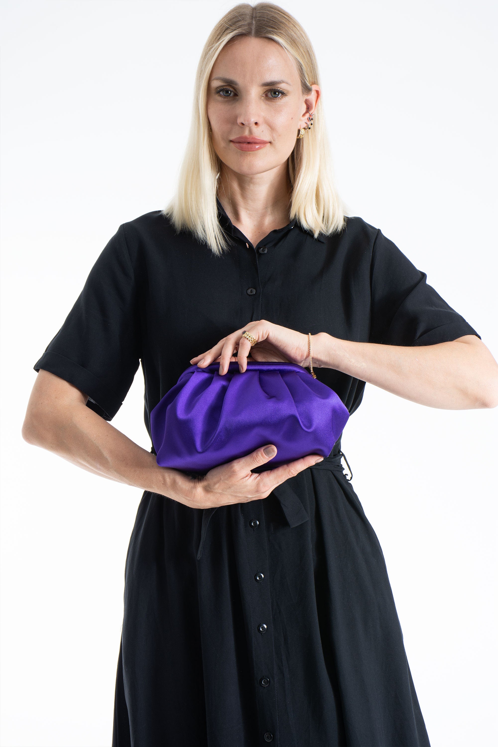 Satin Pouch Bag With Detachable Crossbody Strap - Purple