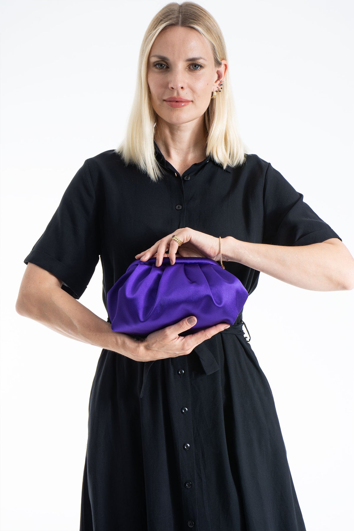 Satin Pouch Bag With Detachable Crossbody Strap - Purple