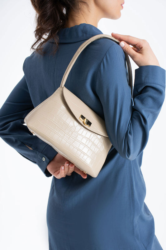 Croc Pu Flap Shoulder Bag - Beige