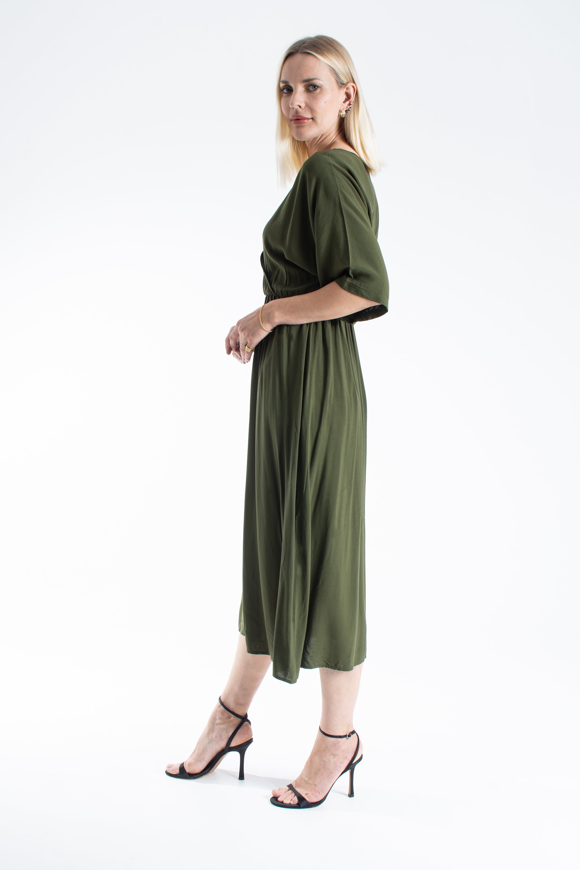Womens Viscose V Neck Short Sleeve Midi Dress - Khaki