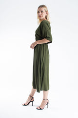 Womens Viscose V Neck Short Sleeve Midi Dress - Khaki