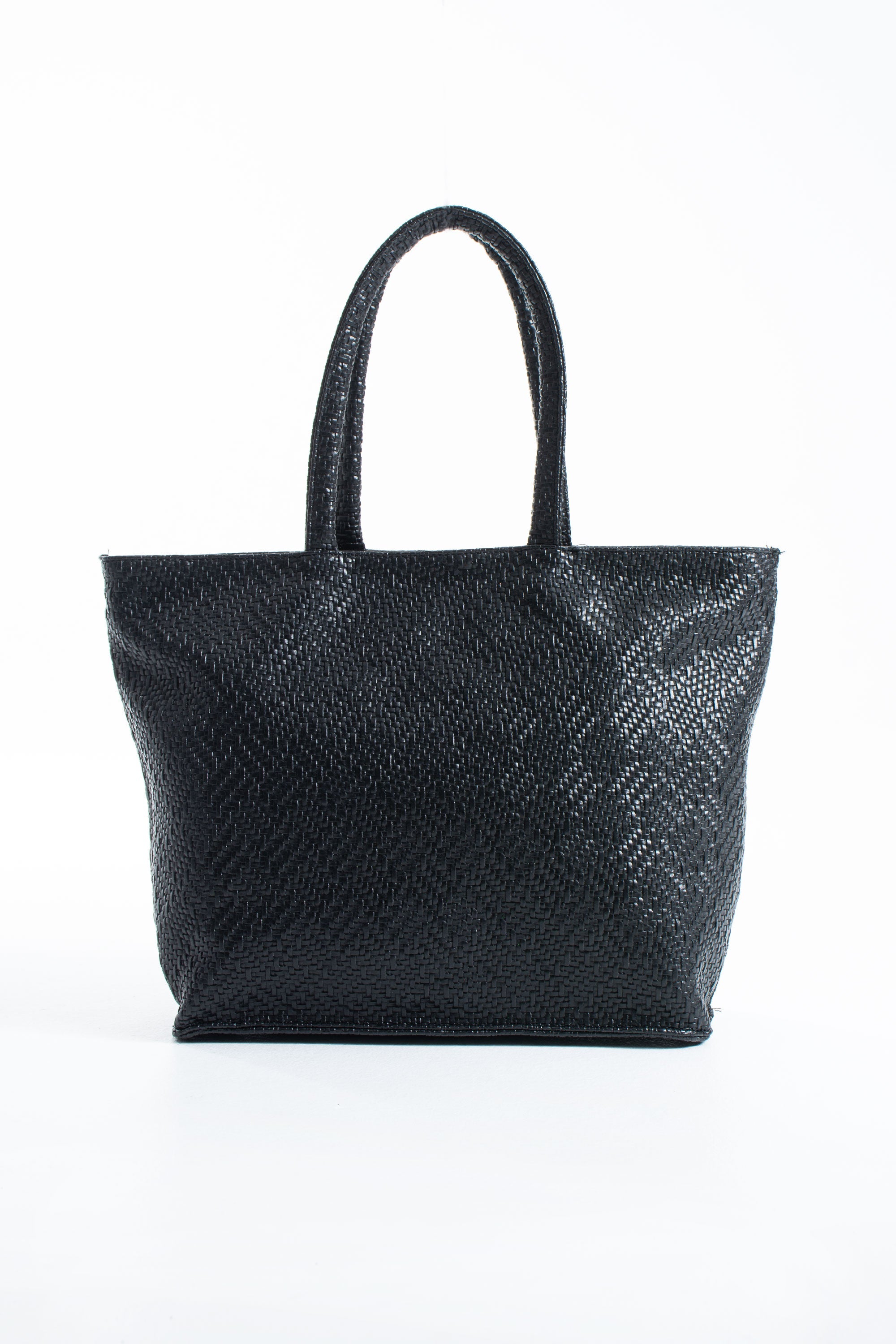 Woven Pu Leather Tote Bag with Matching Zipper Pouch 2PCS Set - Black