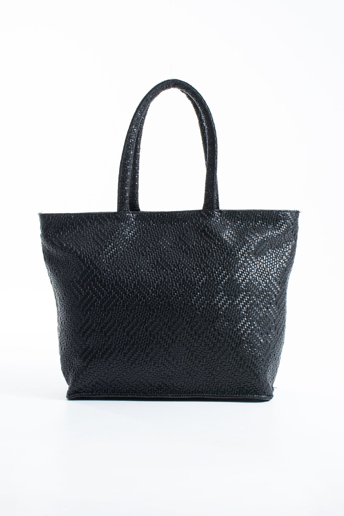 Woven Pu Leather Tote Bag with Matching Zipper Pouch 2PCS Set - Black