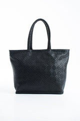 Woven Pu Leather Tote Bag with Matching Zipper Pouch 2PCS Set - Black