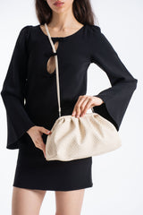 Textured Pu Leather Large  Pouch Bag with Detachable Crossbody Strap - Cream