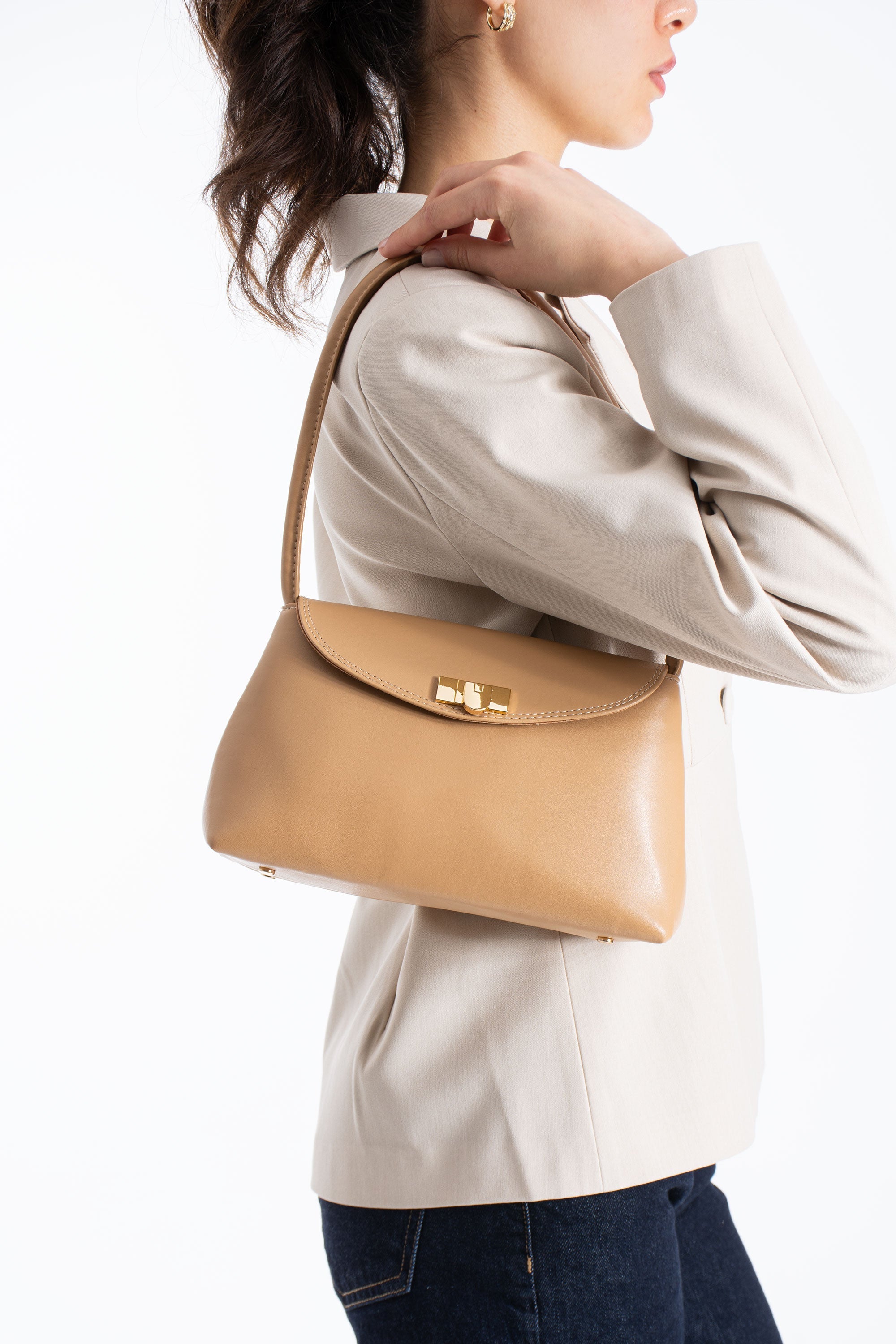 Pu Leather Flap Shoulder Bag - Nude