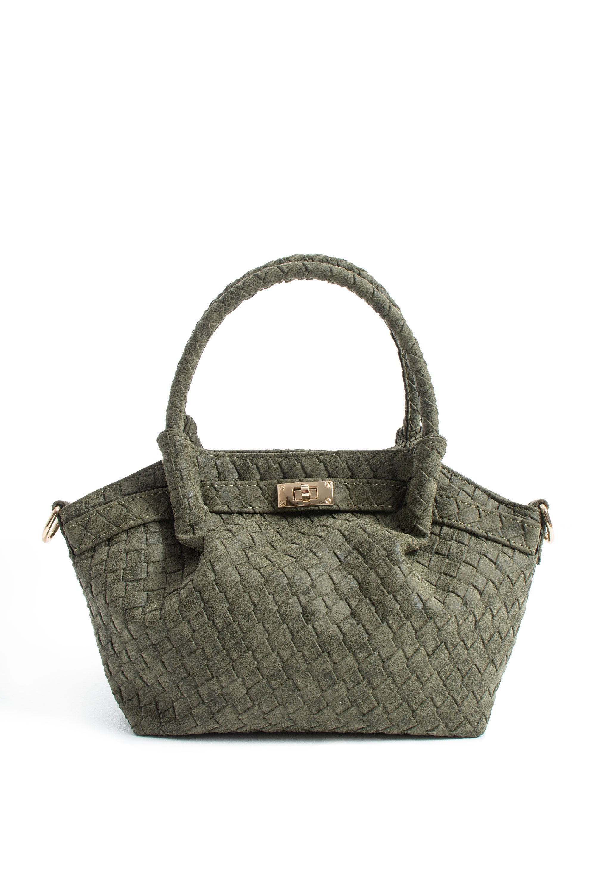 Woven Suede Top Handle Crossbody Bag with Twist Lock Detail - Khaki