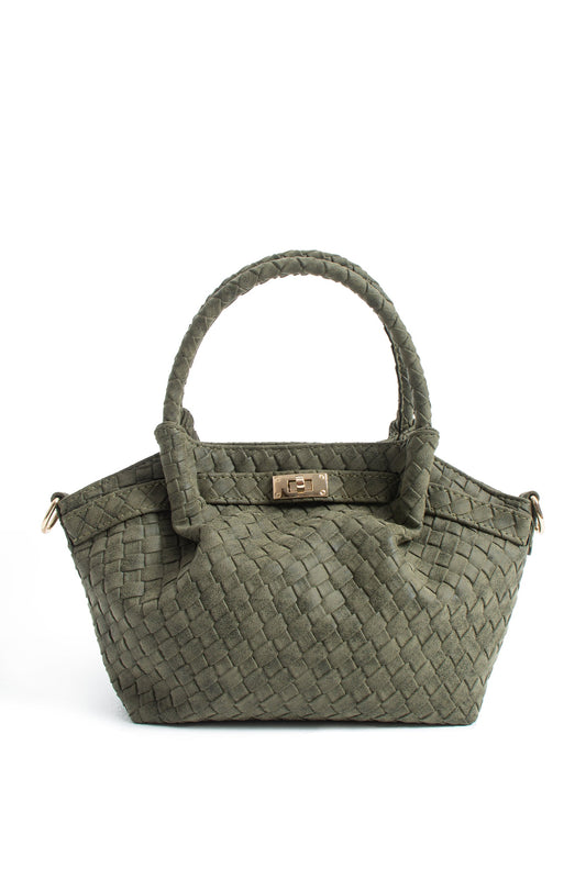 Woven Suede Top Handle Crossbody Bag with Twist Lock Detail - Khaki