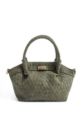 Woven Suede Top Handle Crossbody Bag with Twist Lock Detail - Khaki