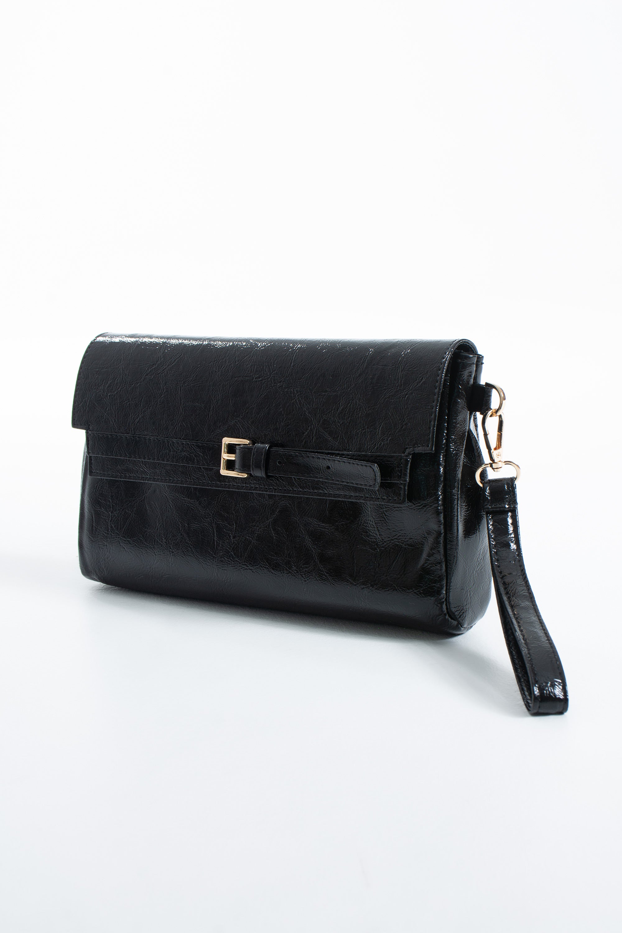 Crinkle Patent Flap Closure Wristlet & Clutc&Crossbody  3-in-1 Handbag - Black