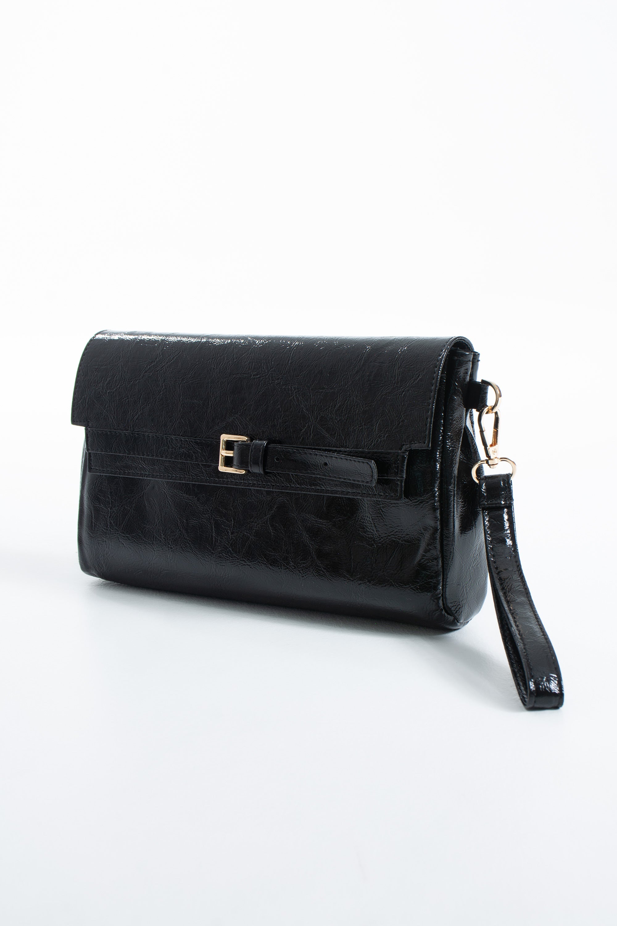 Crinkle Patent Flap Closure Wristlet & Clutc&Crossbody  3-in-1 Handbag - Black