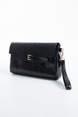 Crinkle Patent Flap Closure Wristlet & Clutc&Crossbody  3-in-1 Handbag - Black