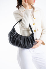 Pleated Pu Leather Shoulder Bag - Black