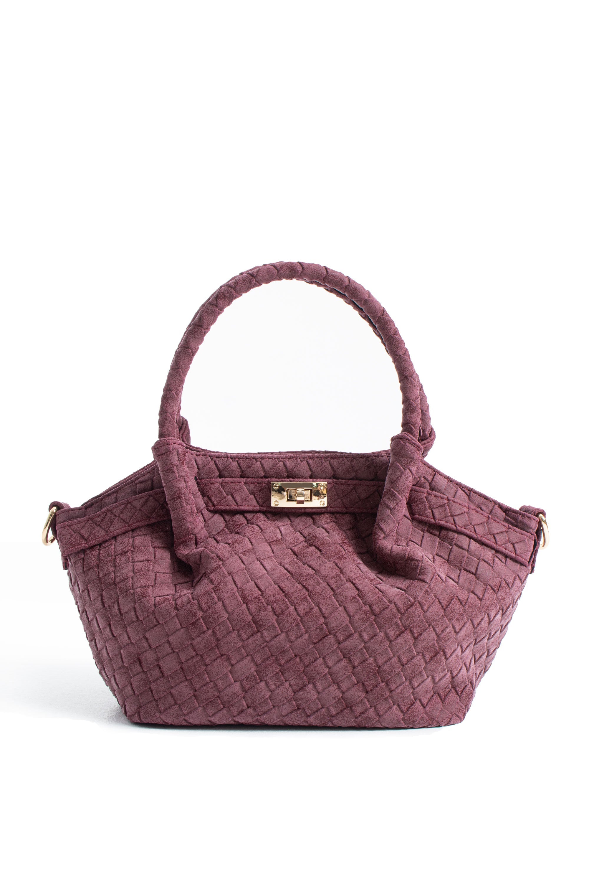 Woven Suede Top Handle Crossbody Bag with Twist Lock Detail - Burgundy