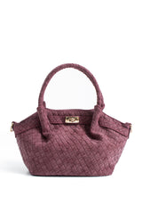 Woven Suede Top Handle Crossbody Bag with Twist Lock Detail - Burgundy