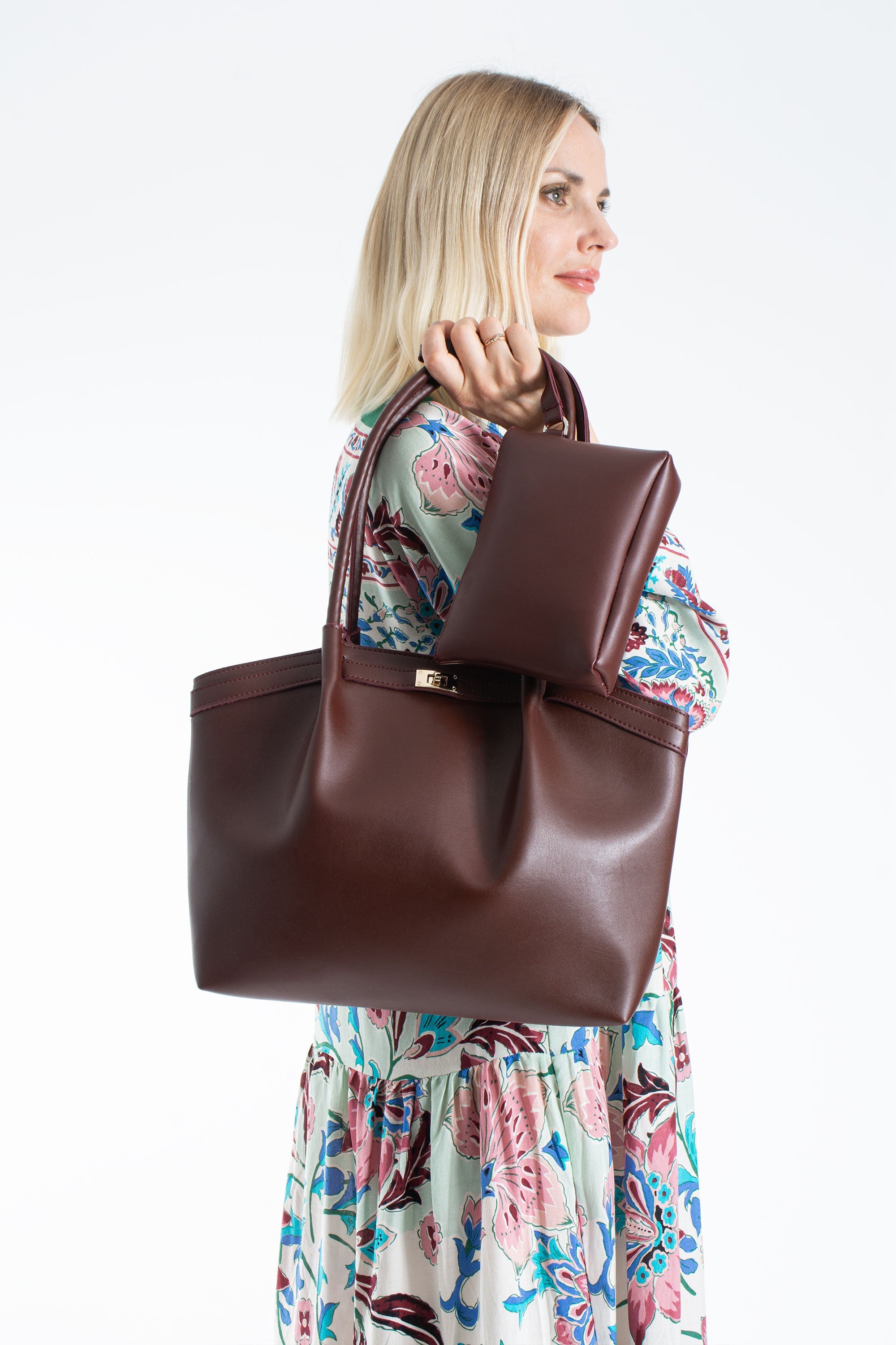 Large PU Leather Shopper Tote Bag with Matching Pouch - Burgundy