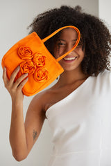 Floral Satin Handbag with Detachable Crossbody Strap - Orange