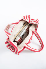 Striped Canvas Summer Tote Bag  with Matching Zipper Pouch 2 Pcs Set - Red