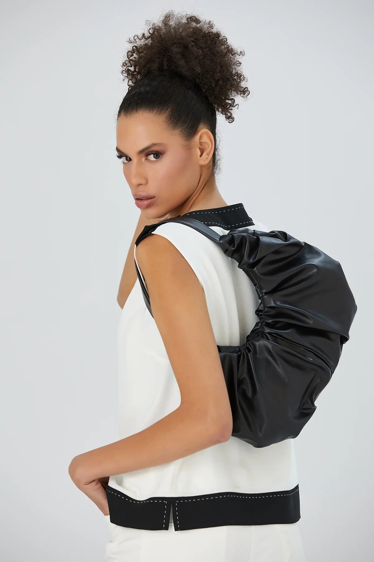 Pu Leather Pleated Shoulder Bag - Black