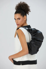 Pu Leather Pleated Shoulder Bag - Black