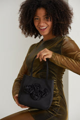 Floral Satin Handbag with Detachable Crossbody Strap - Black