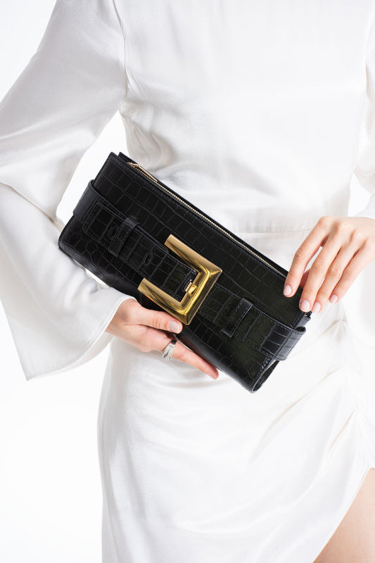 Croc PU Leather Shoulder & Clutch Bag with Large Gold Buckle - Black
