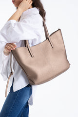 Grain Pu Leather Large Tote Bag with Matching Zipper Pouch  2PCS Set - Gold