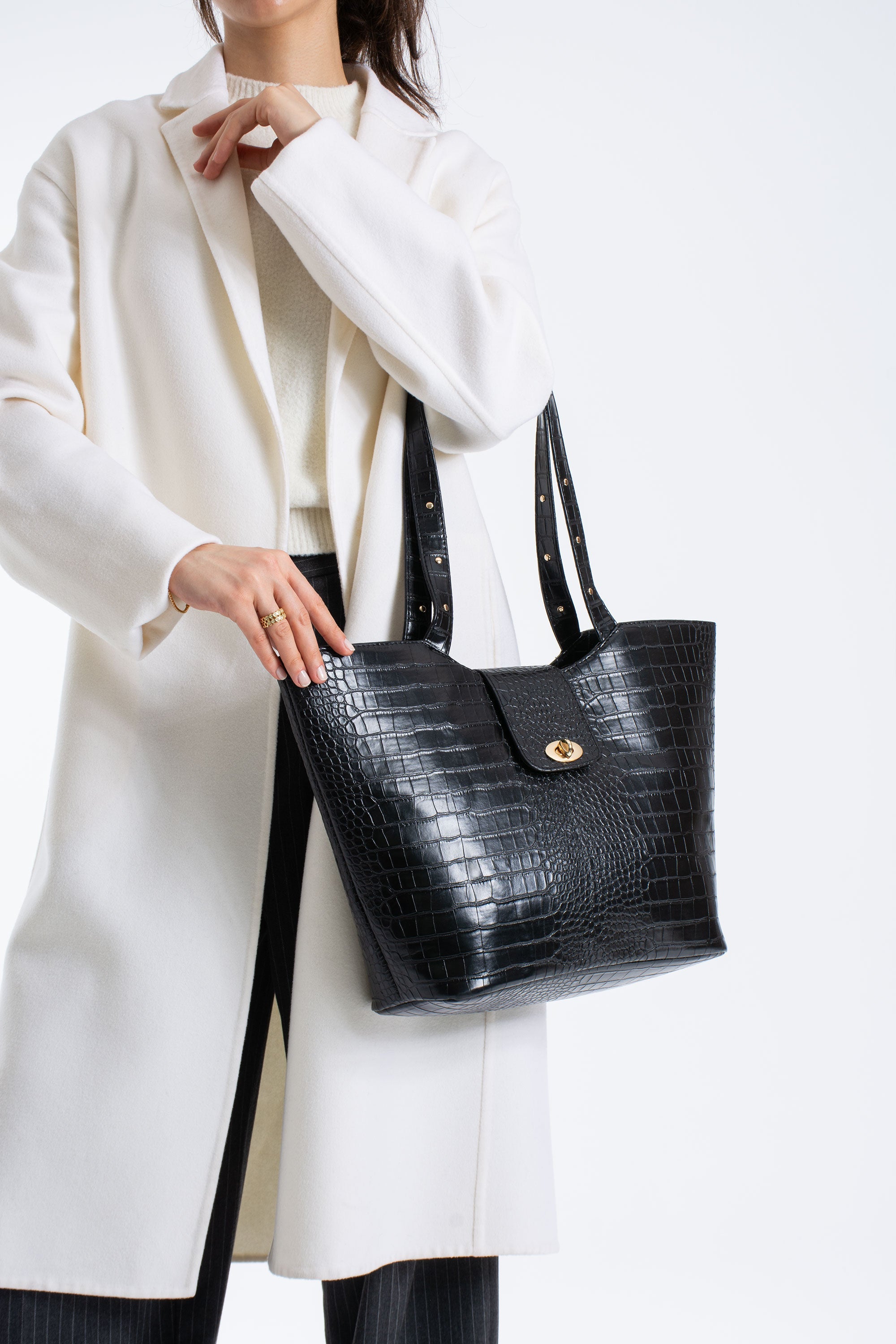 Texured Pu Leather Tote Bag with Matching Zipper Pouch 2PCS Set - Black