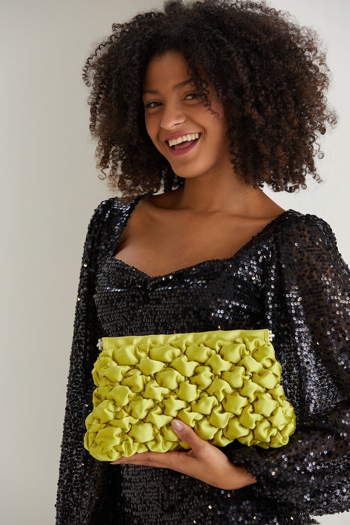 Puffy Quilted Satin Clucth Bag with Detachable Crossbody Strap - Lime