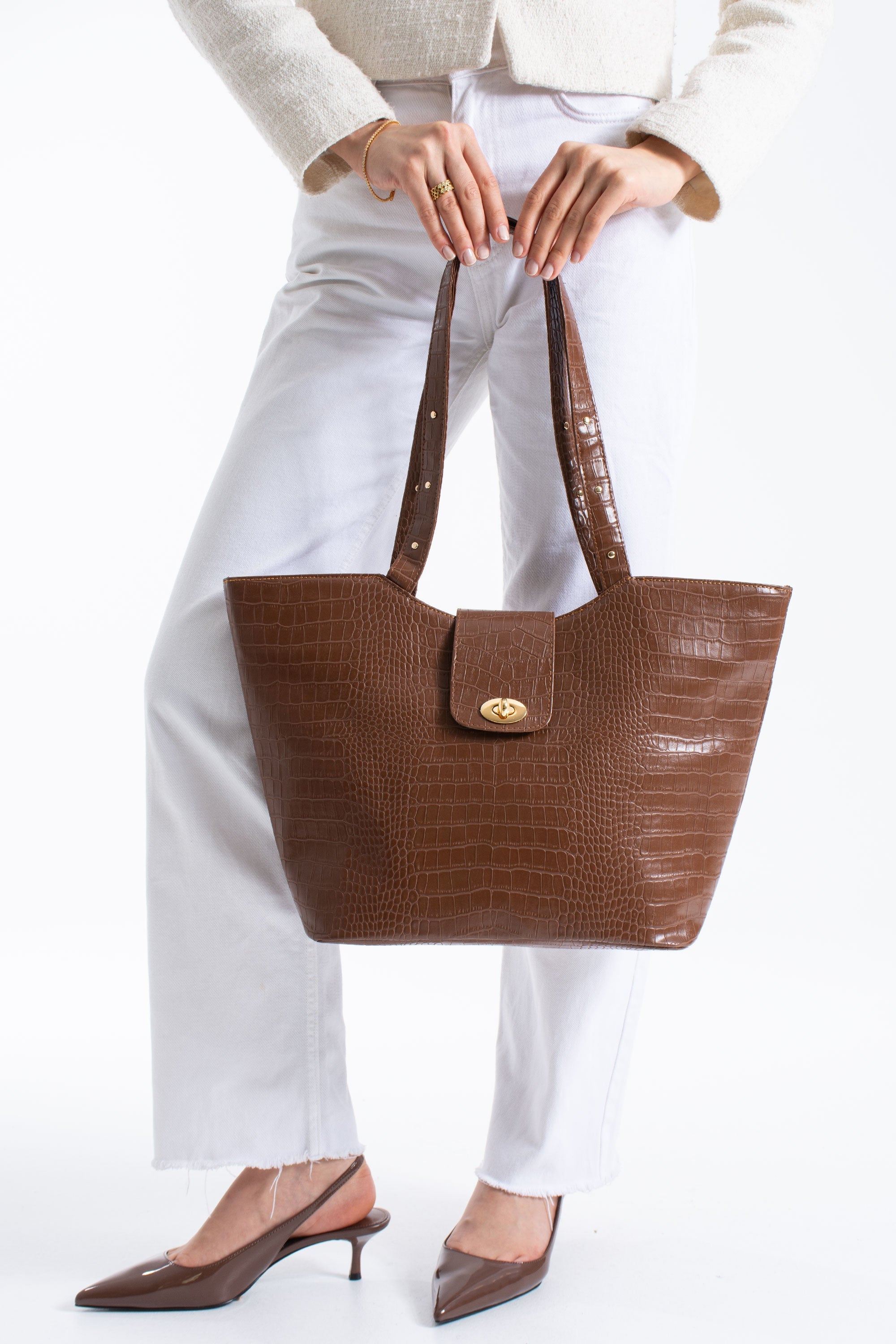 Texured Pu Leather Tote Bag with Matching Zipper Pouch 2PCS Set - Brown