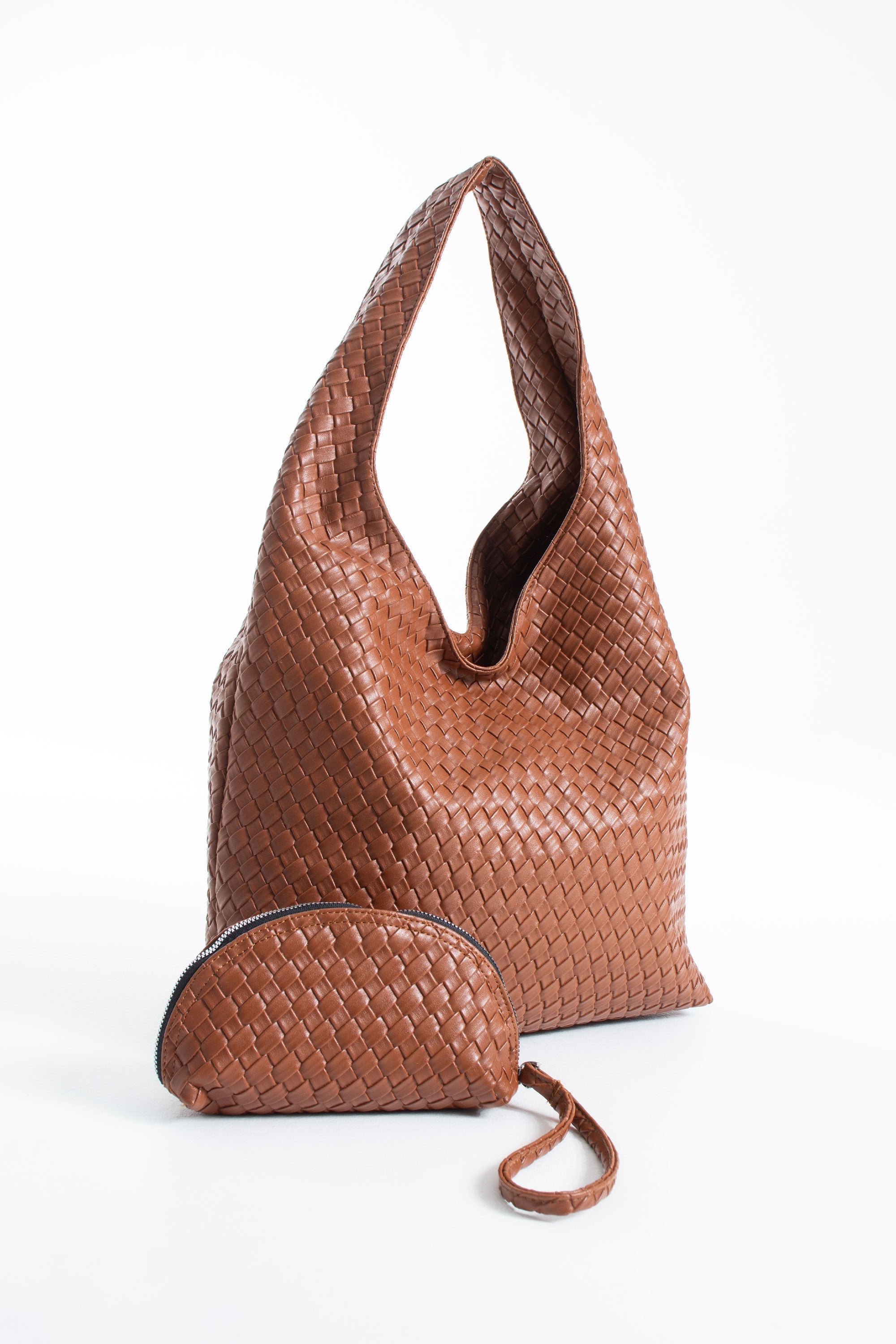 Woven Leather Slouchy Tote Bag with Matching Zipper Pouch 2PCS Set - Tan