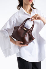 Pu Leather Top Handle Crossbody Bag with Twist Lock Detail - Burgundy
