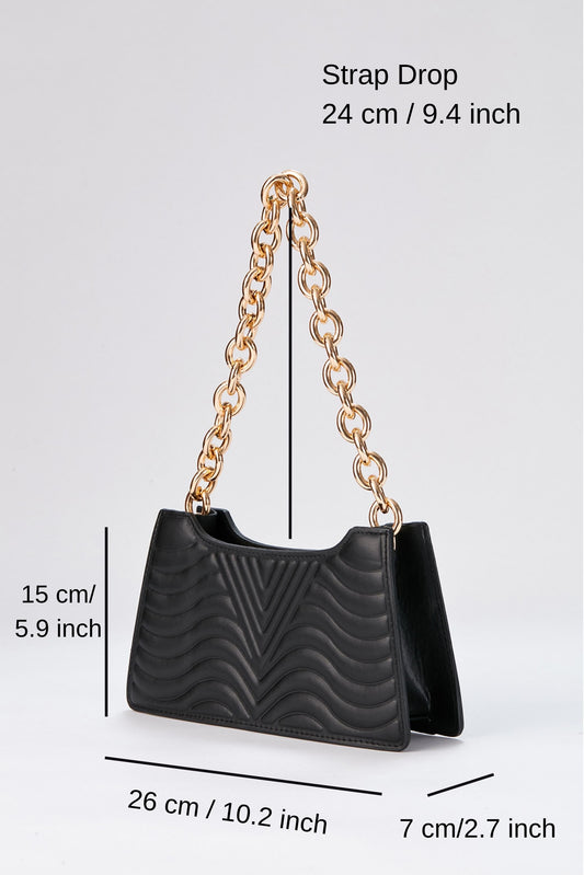 Embossed Pu Leather Chunky Chain Shoulder Bag - Black