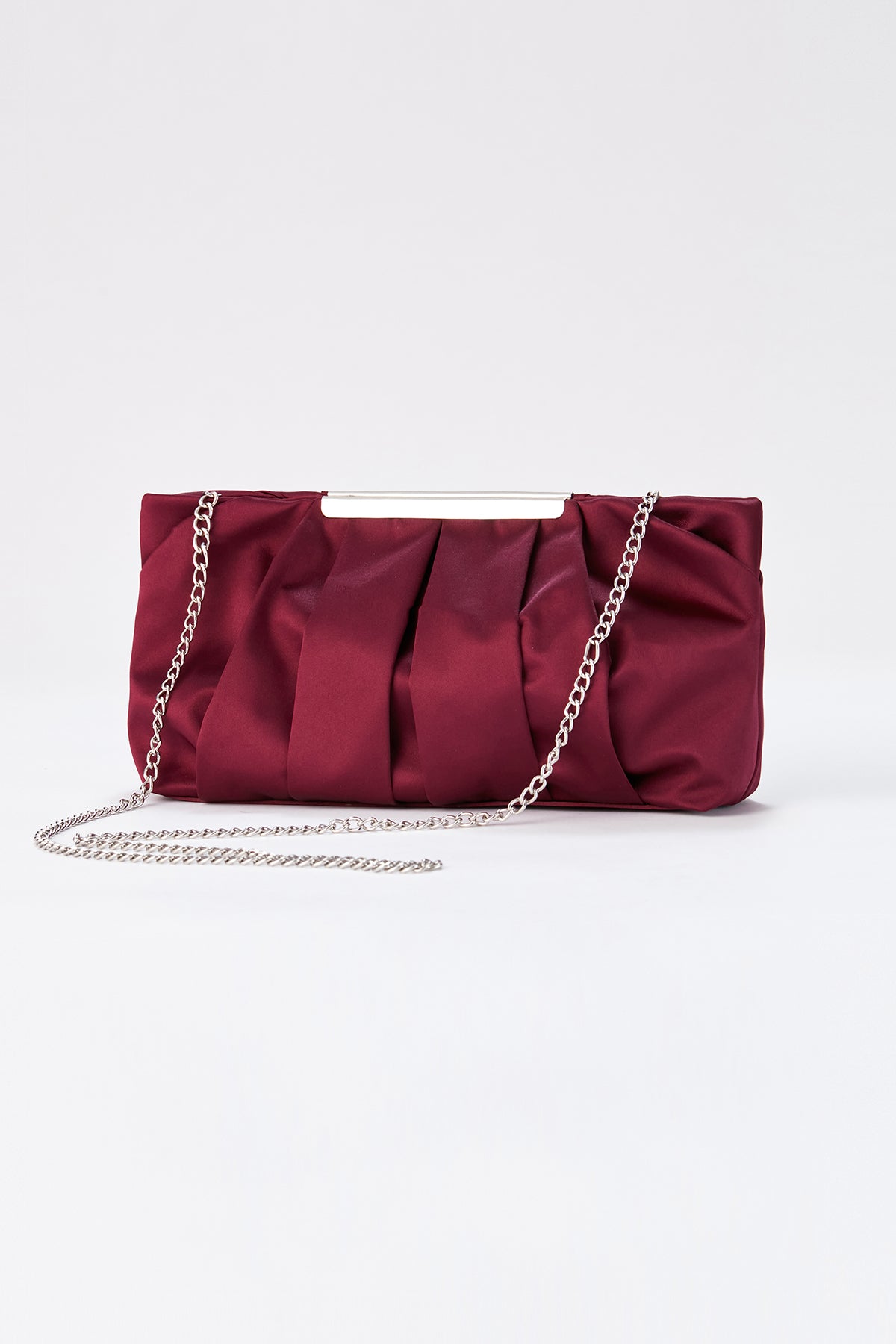 Pleated Satin Clutch Bag with Detachable Strap - Burgundy
