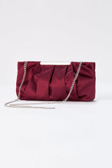 Pleated Satin Clutch Bag with Detachable Strap - Burgundy
