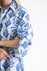 Women’s Linen Blend Leaf Print Midi Shirt Dress - Blue