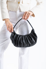 Pleated Pu Leather Shoulder Bag - Black