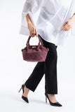 Woven Suede Top Handle Crossbody Bag with Twist Lock Detail - Burgundy
