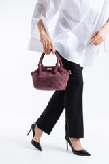 Woven Suede Top Handle Crossbody Bag with Twist Lock Detail - Burgundy
