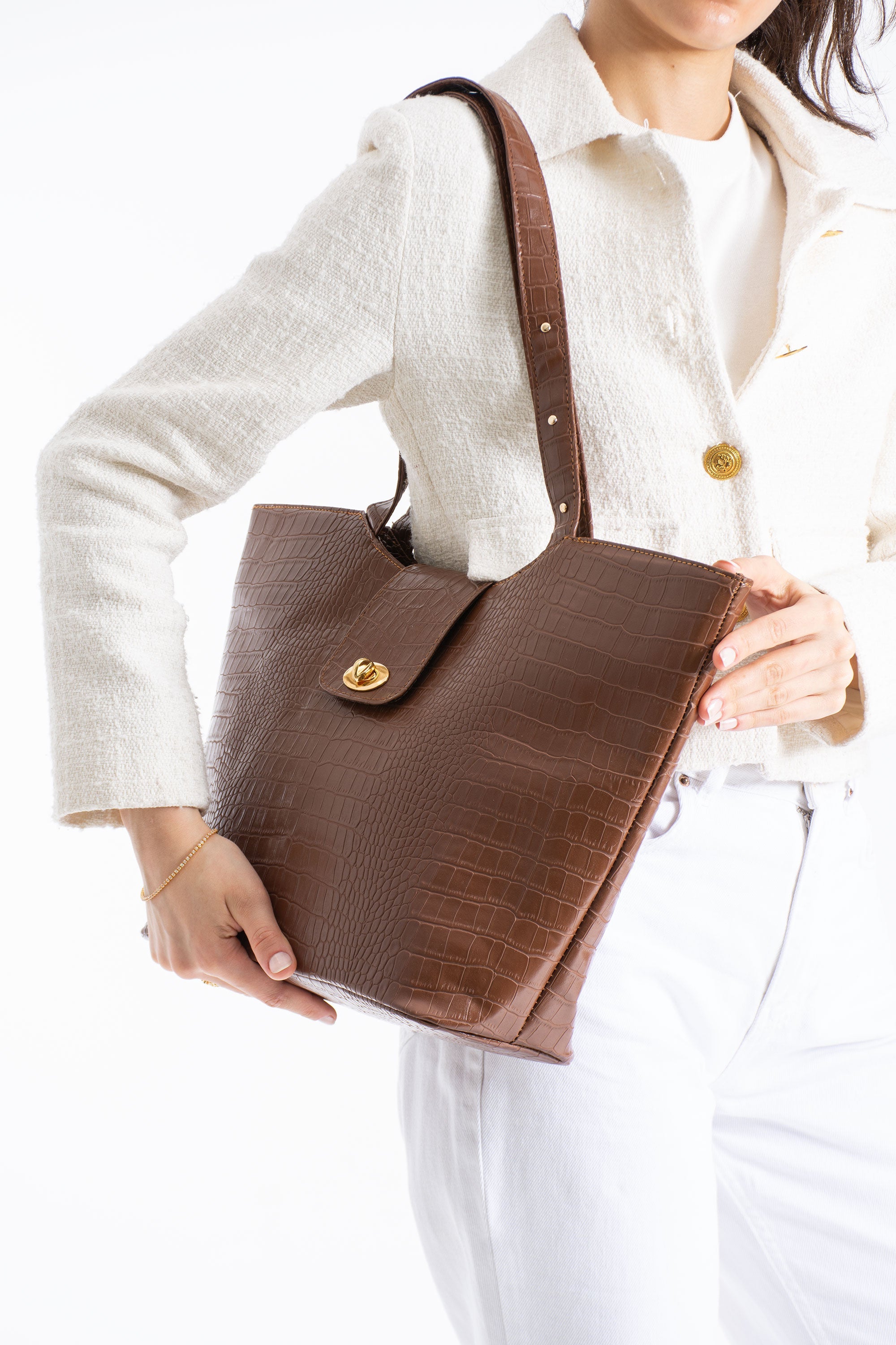 Texured Pu Leather Tote Bag with Matching Zipper Pouch 2PCS Set - Brown