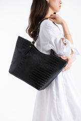 Textured  Pu Leather Tote Bag with Matching Zipper Pouch 2PCS Set - Black