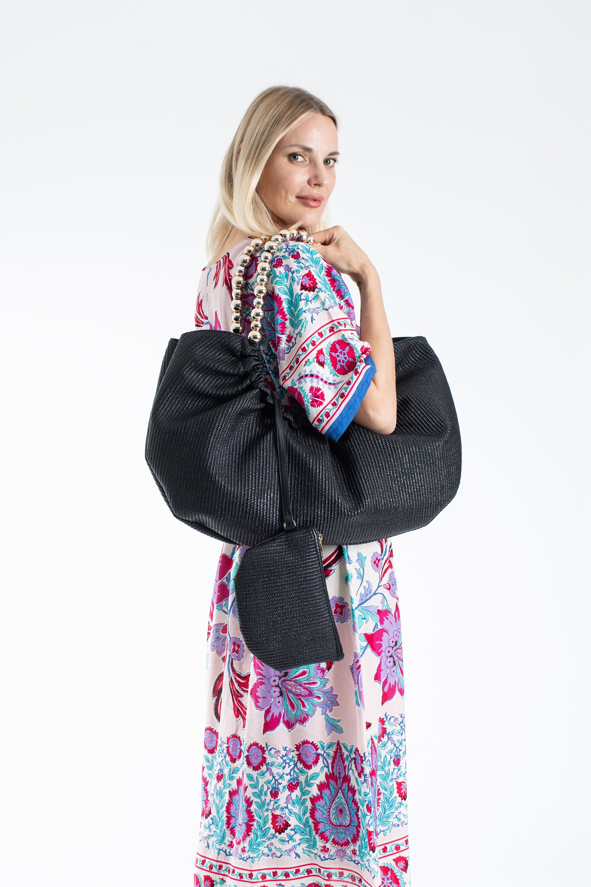 Woven PU Leather Slouchy Tote with Beaded Strap 2PCS Set - Black
