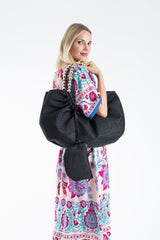 Woven PU Leather Slouchy Tote with Beaded Strap 2PCS Set - Black