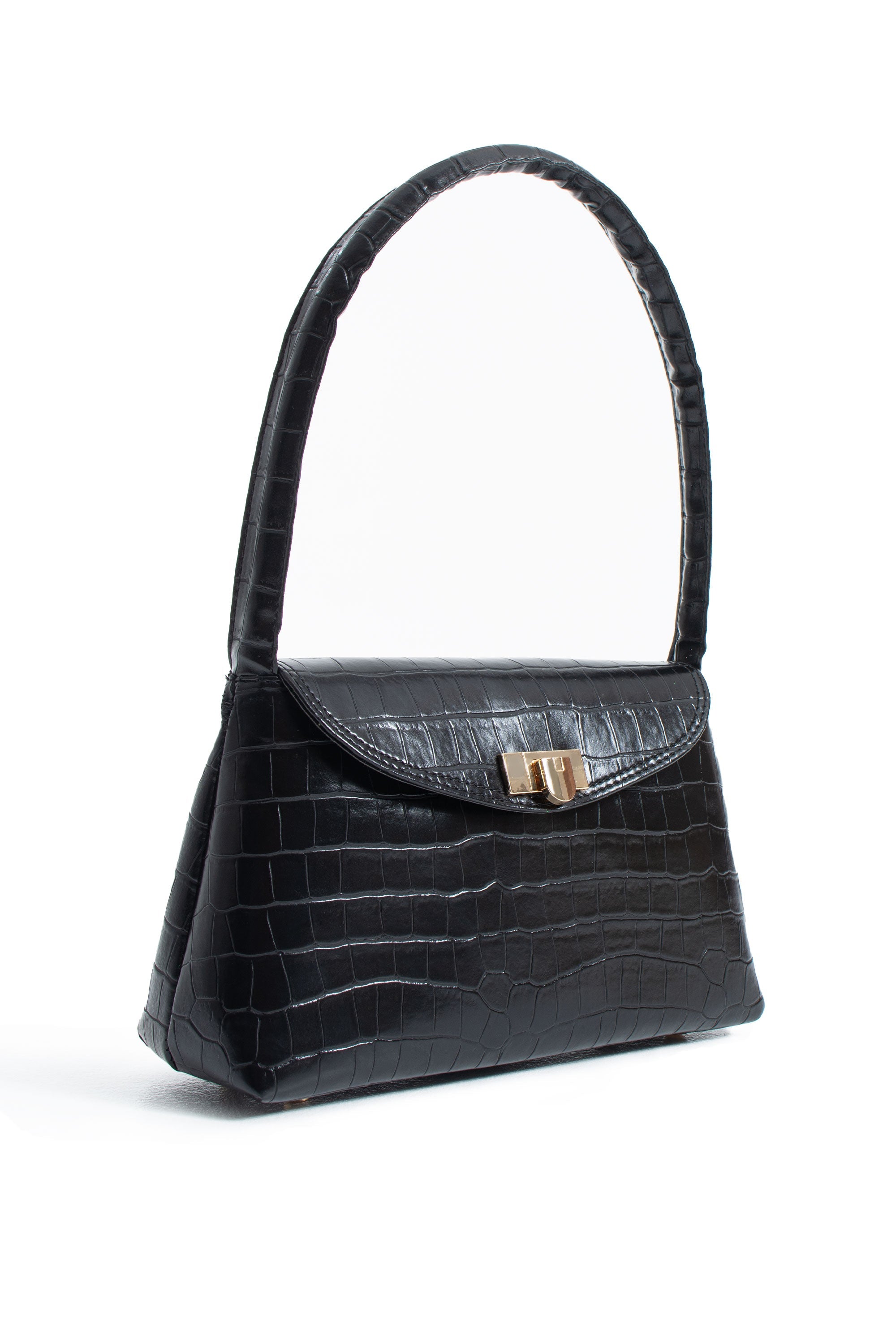 Croc Pu Flap Shoulder Bag - Black