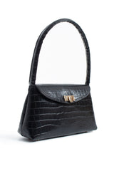 Croc Pu Flap Shoulder Bag - Black