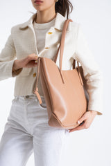 Pu Leather Large Tote Bag with Matching Zipper Pouch  2PCS Set - Nude