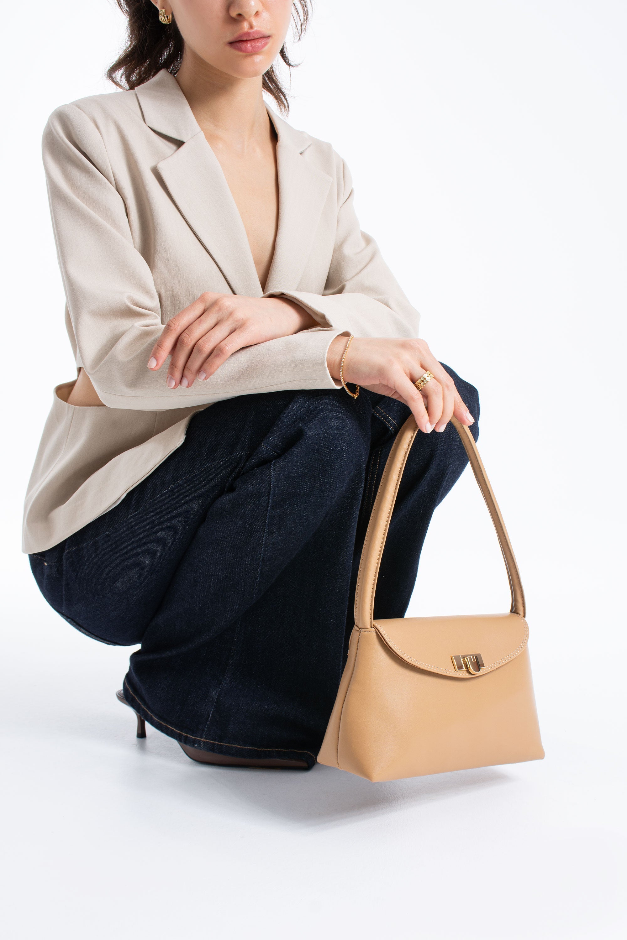 Pu Leather Flap Shoulder Bag - Nude