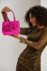 Floral Satin Handbag with Detachable Crossbody Strap - Pink