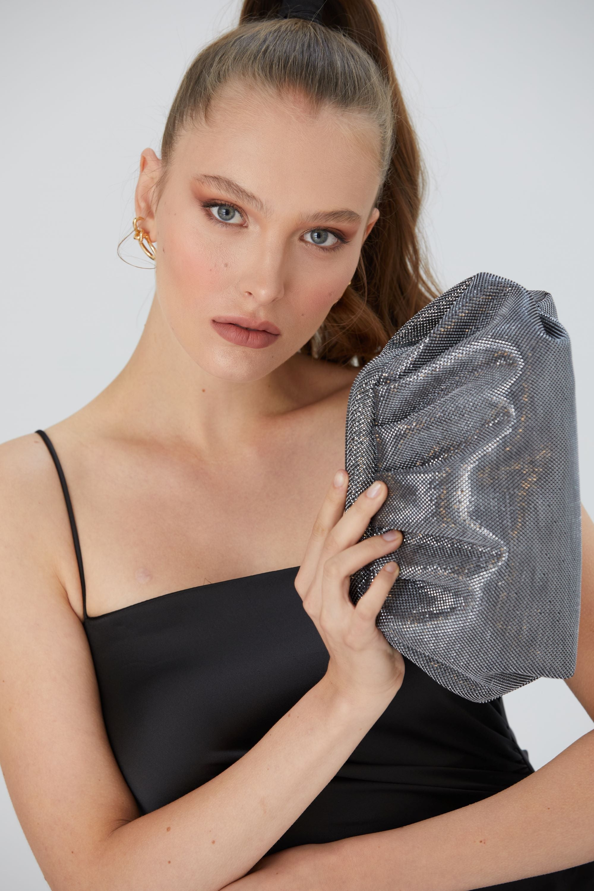 Shimmery Pouch Bag with Detachable Crossbody Strap - Silver