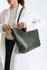 Pu Leather Large Tote Bag with Matching Zipper Pouch  2PCS Set - Green